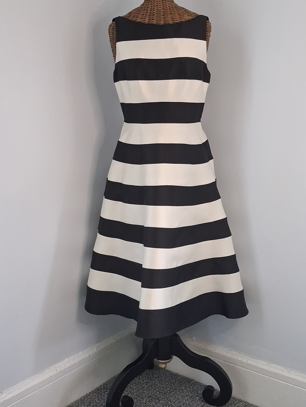 Adrianna Papell Black and White Striped Midi Dress